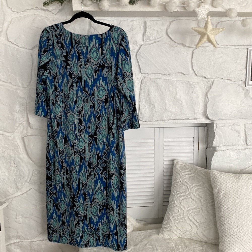 Cold water Creek tunic top mblue black gray seafoam green print front opening - Picture 2 of 9